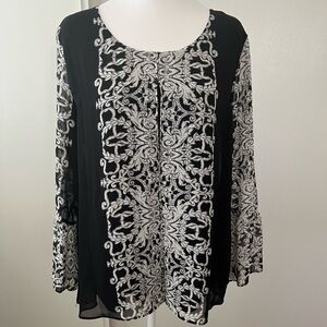 JM Collection Black White Layered Long Sleeve Blouse Medium EUC